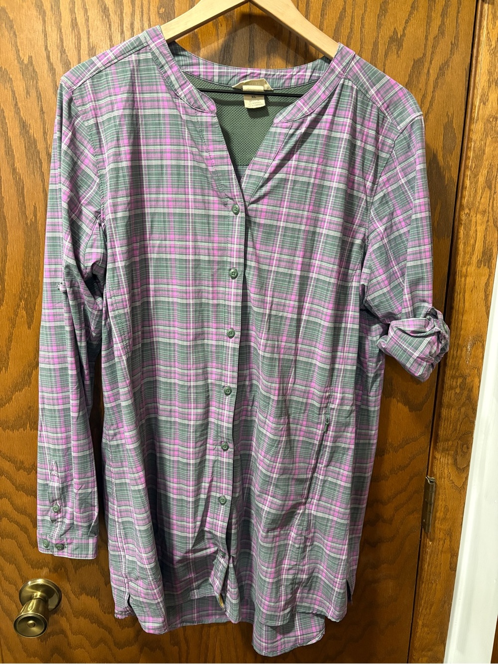 Duluth Trading Co Green Pink Plaid Button-Front Tunic Nylon Quick Dry XL